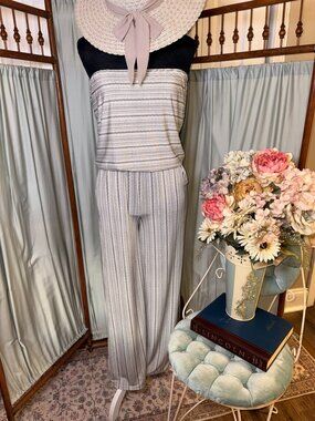 Boho Strapless Jumpsuit Set Exist NWT Small Wide Leg Romper Neutral Print Summer